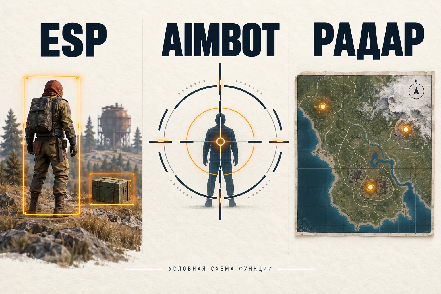 Условное сравнение ESP, аимбота и радара для выбора чита в Rust